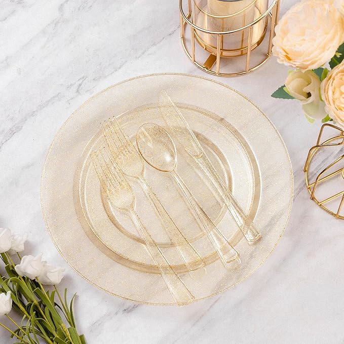 Goodluck 50 Pack Gold Glitter Plastic Forks, Heavy Duty Gold Glitter Forks Disposable, Gold Glitter Plastic Cutlery Perfect for Weddings, Parties, Dinners and Christmas