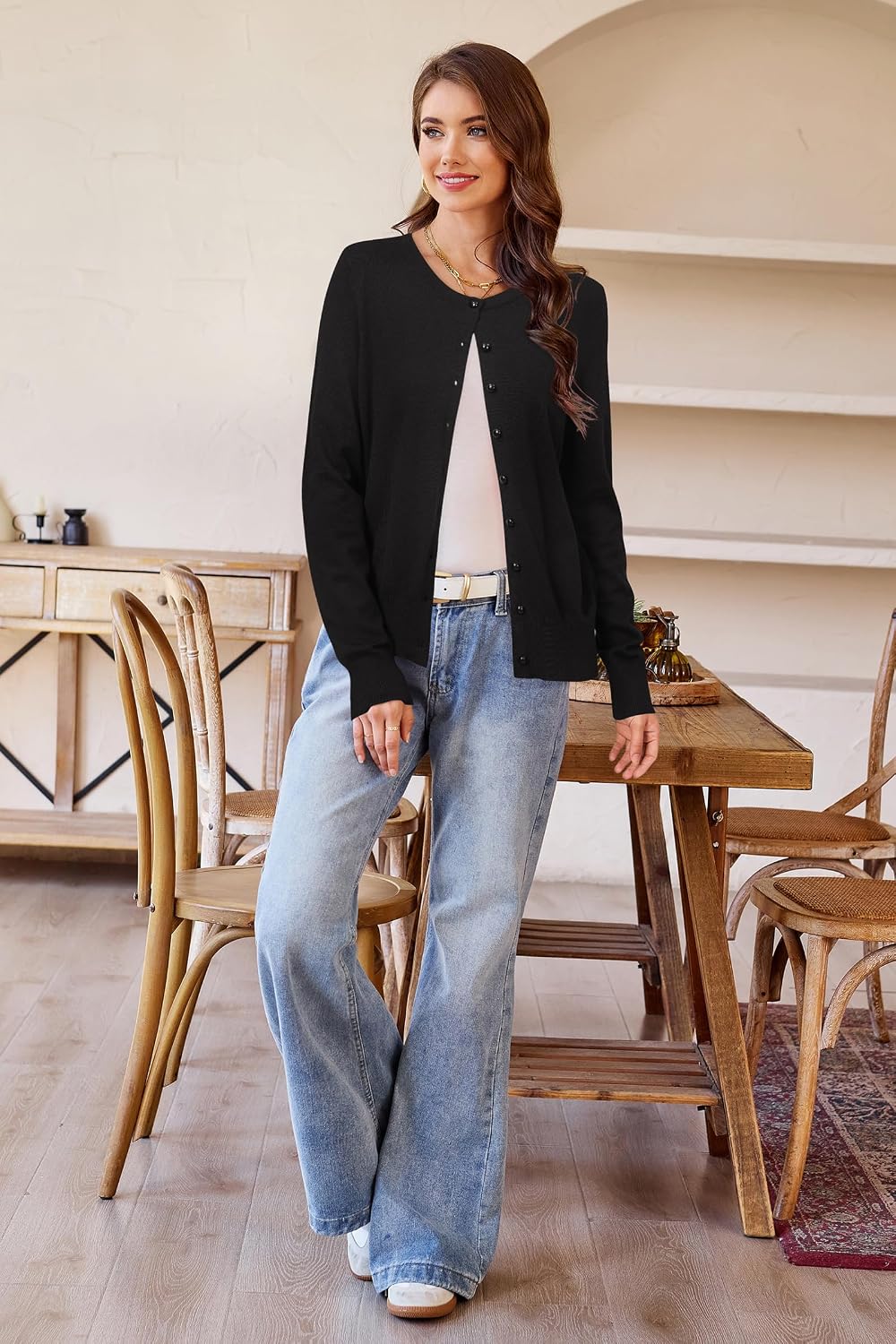 Women's Lightweight Button Down Cardigan Long Sleeve Casual Crew Neck Soft Knit Cardigans Sweater Tops