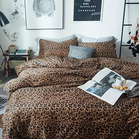 mixinni Leopard Print Queen Size Comforter Set-3 Pieces Animal Cheetah Printed Comforter Sexy Soft Fluffy BrownBlack Floral Print Bedding Set with 2 Pillowcases for All Season-Queen Size