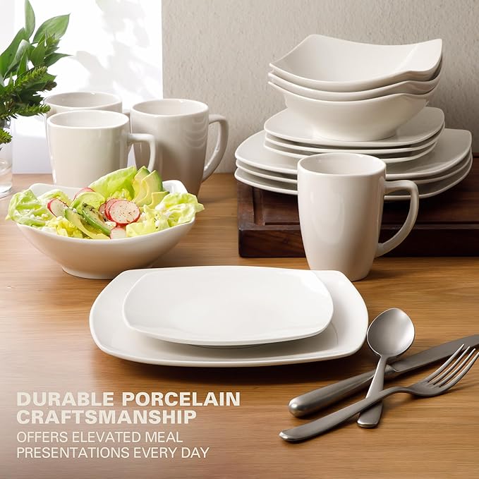 Gibson Home Zen Buffet Porcelain Chip and Scratch Resistant Dinnerware Plates, Bowls, and Mugs Set White (Square Dishes)