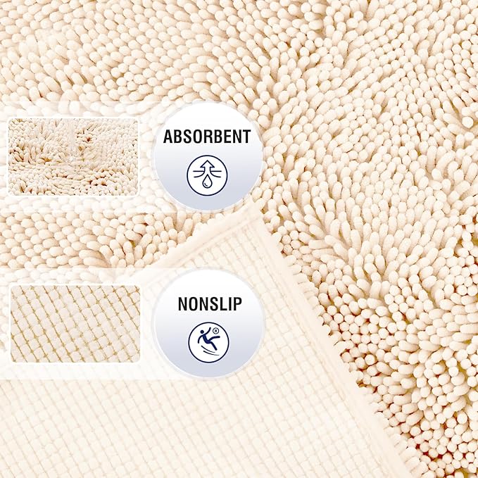 TECHMILLY Soft Fluffy Chenille Bathroom Rugs, Non Slip Absorbent Bath Mats for Bathroom, Washable and Quick Dry, Navy, 17" x 24"