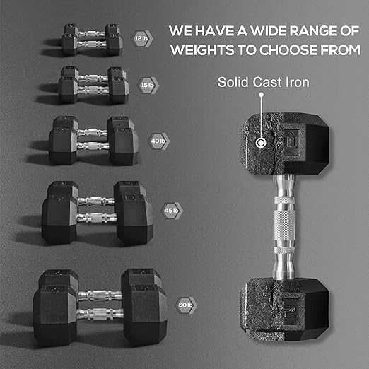 Soozier 2x12/2x15/2x40/2x45/2x50lbs Hex Dumbbell Set of 2, Rubber Weights Exercise Fitness Dumbbell with Non-Slip Handles, Anti-roll, for Women or Men Home Gym Workout