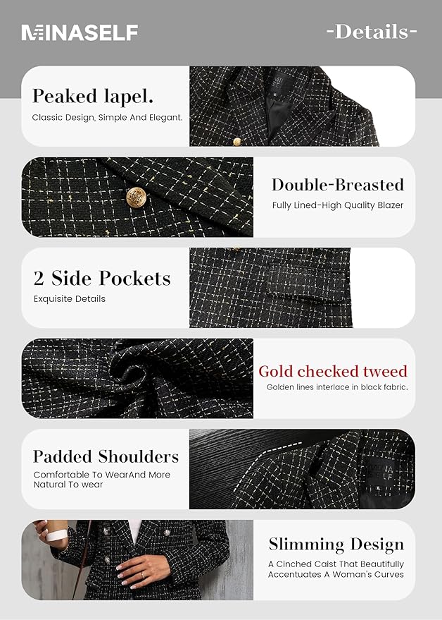 2025Fall Winter Women's Tweed Blazer Jacket-Plaid Fully Lined Fashion Business Casual Lapel Elegant Coat Pockets Amazon's Choice