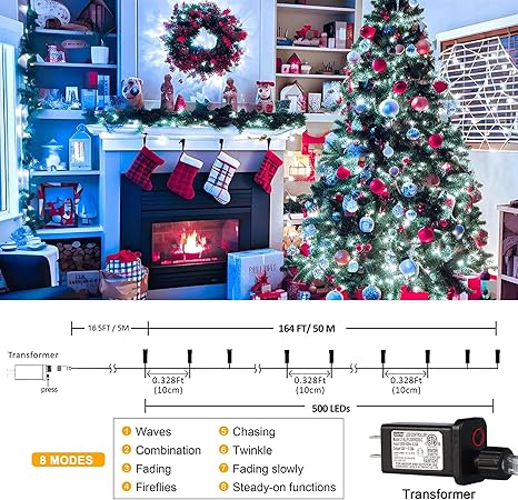 kemooie 500 LED Christmas Lights, 164FT 8 Lighting Modes Plug in Waterproof Extra Long Fairy Lights for Outdoor Christmas Tree Lights Birthday Wedding Party Garden Balcony Decoration (White)