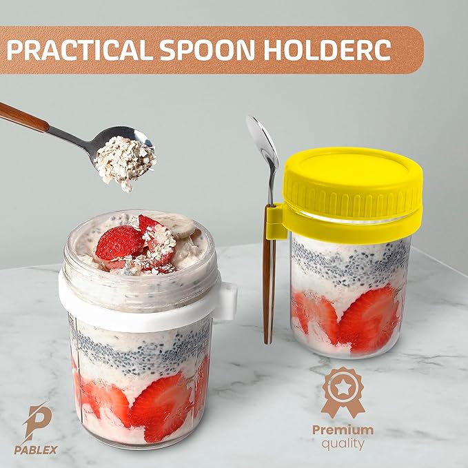 PABLEX - Overnight Oats Cups with Lid - Spoon, 16oz Glass, Reusable Anti Spill, Free Toxic - Overnight Oats Containers with Lids, Oatmeal Containers with Lids, Oats Overnight Container (Blue)