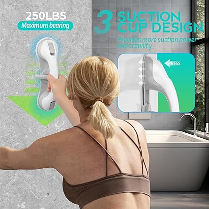 2-Pack Shower Handle Safety Grab Bars with 3 Suction Cups for Bathtubs and Showers - Bathroom Rails Aid for Seniors, Elderly, Handicap - Wall Bath Tub Toilet Support (Grey)