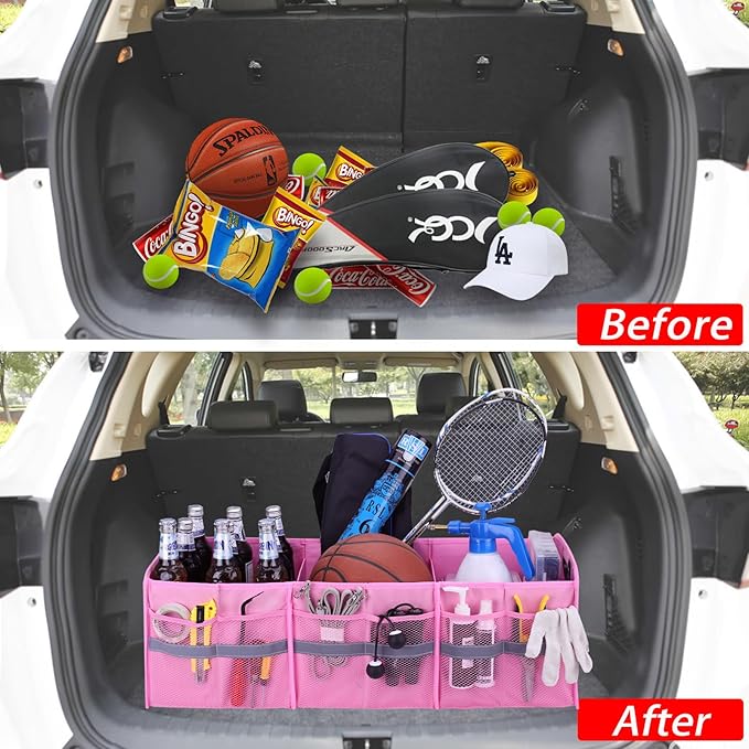 Homeve Large Collapsible Trunk Organizer with Multi Pockets, 3 Compartments Storage Organizer for Car, SUV, Minivan, PinkA