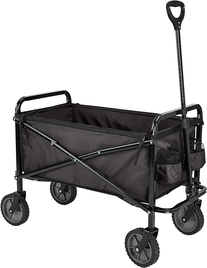 Basics Collapsible Folding Outdoor Utility Wagon for Sports, Garden, Camping, and Shopping, Heavy Duty, Large Capacity, Black