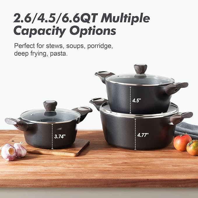 SENSARTE Nonstick Stock Pot with Lid, 2.64.56.6 QT Soup Pot Casserole Pot, Healthy Pasta Pot, Large Deep Cooking Pot, Big Sauce Pot Stew Pot, Induction Compatible, PFOA PFOS APEO Free, Black