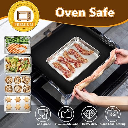 PP CHEF Toaster Oven Pan and Rack Set, Stainless Steel Toaster Oven Tray Broiler Pan with Cooling Rack for Baking, Non Toxic Heavy Duty, Mirror Finish Dishwasher Safe - 10.4 Inch