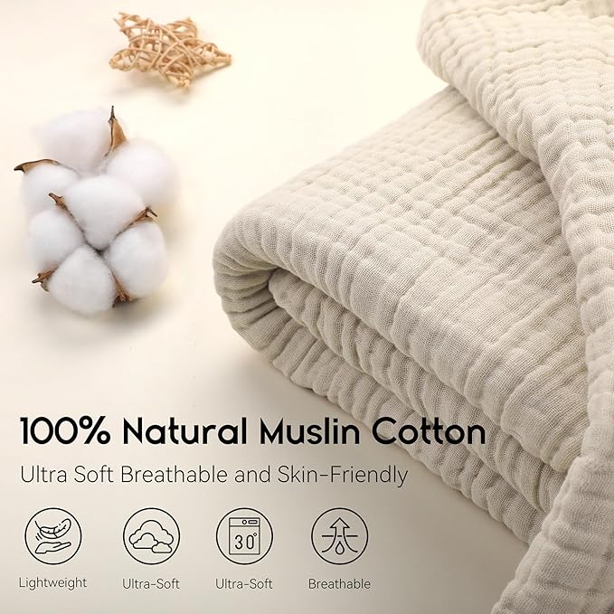 Yoofoss Muslin Blanket 100% Organic Cotton Throw Large 50" x 60" for Bed Couch Summer Gauze Blanket for Adults Lightweight and Breathable Apricot White