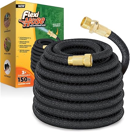 Flexi Hose Lightweight Expandable Garden Hose, No-Kink Flexibility, 34 Inch Solid Brass Fittings and Double Latex Core (150 FT, Black)