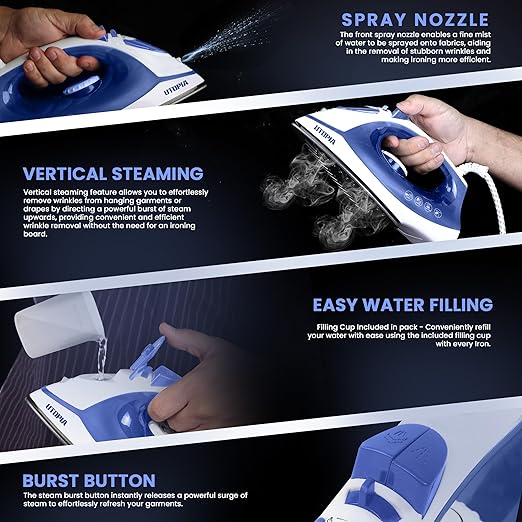 Utopia Home Steam Iron for Clothes - Non-Stick Soleplate - 1200W Clothes Iron - Textile Iron 2.3 meter Long Cord Adjustable Thermostat Control, Overheat Safety Protection & Variable Steam Control Blue