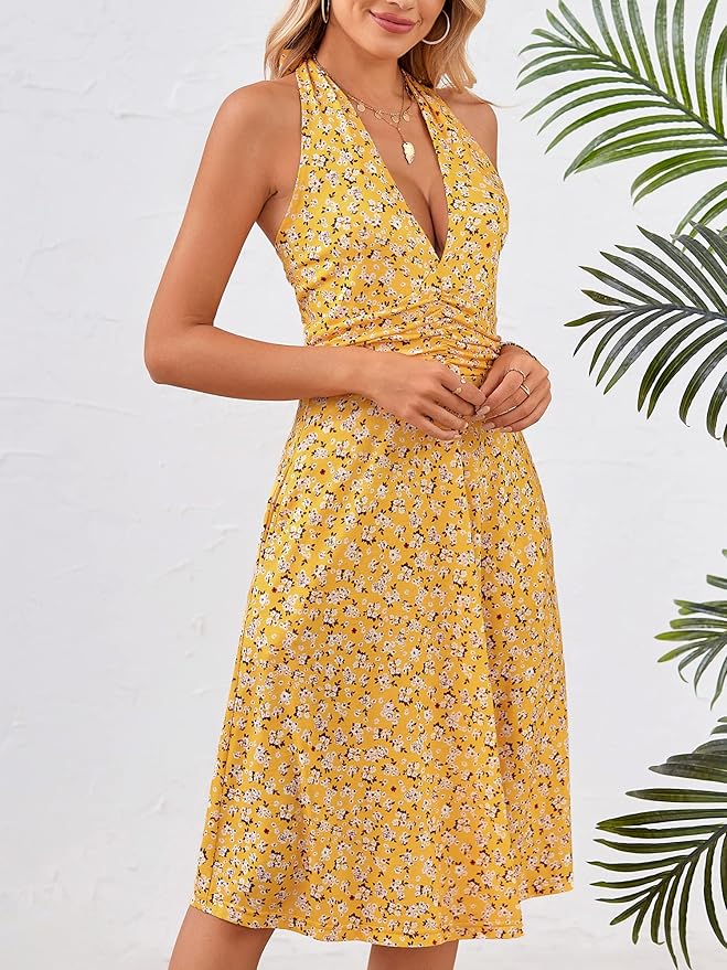 HUHOT Women's Summer Sundress Sleeveless Halter Neck Spring 2025 Floral with Pocket Elastic Waist Ruffle Mini Dresses