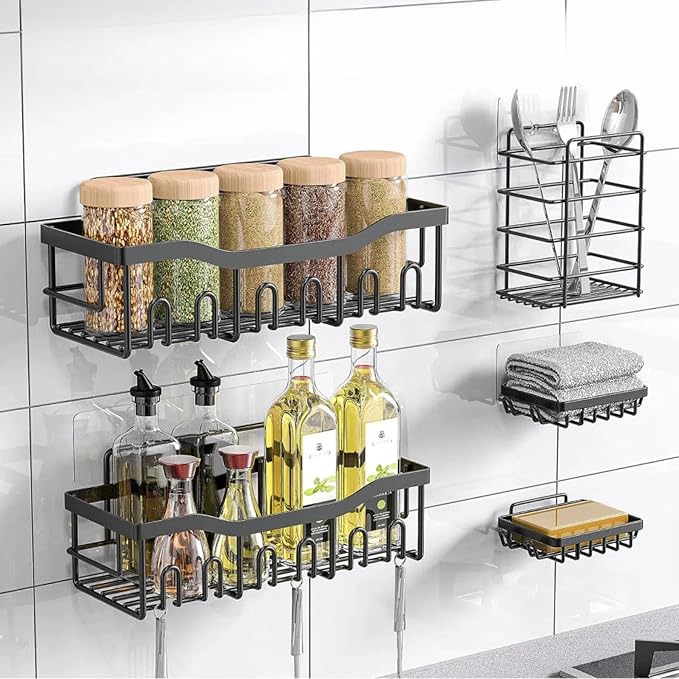 Non-perforated bathroom storage shelves, black shower racks, toilet wall mounted shelves, wash storage, five-piece stainless steel bathroom organizers, Toothbrush holder
