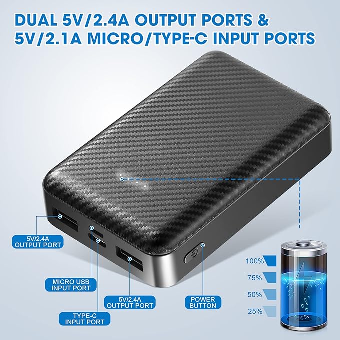 Heated Vest Battery Pack, 5V 2A 10000 mAh Power Bank for Heated Vest Heated Jacket, Dual USB Heated Vest Battery Charger, Battery Phone Charger for iPhone, Android