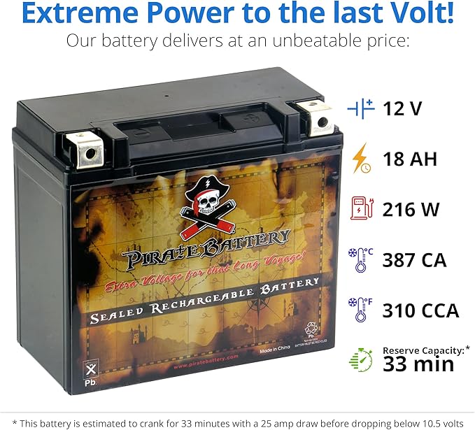 Pirate Battery YTX20HL-BS Maintenance-Free 12V 19Ah Battery Replacement for ATV, Harley Davidson Motorcycle, Jet Skis, Scooter, UTV, and More - Nut and Bolt (T3) Terminal