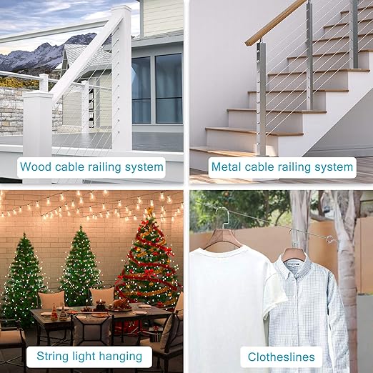 Muzata 600 ft 18" Stainless Steel Cable Railing System Hardware T316 Stainless Steel Wire Rope 7x7 Strands 1800 lb Breaking Strength Deck Cable Railing Kit for Indoor Outdoor Coastal WR02