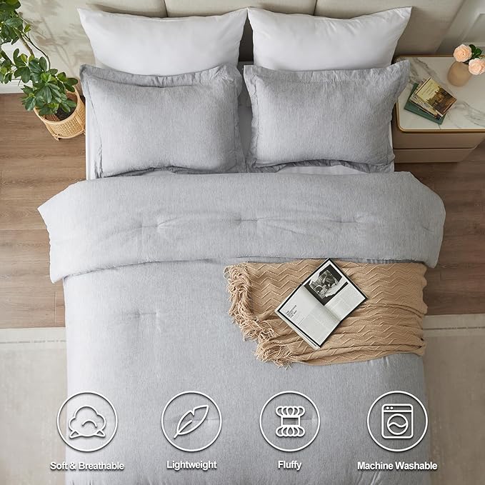 CozyLux Queen Comforter Set - 3 Pieces Light Grey Soft Luxury Cationic Dyeing Queen Comforter for All Season, Light Gray Breathable Lightweight Fluffy Bedding Sets with 1 Comforter and 2 Pillow Shams