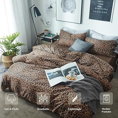mixinni Leopard Print Queen Size Comforter Set-3 Pieces Animal Cheetah Printed Comforter Sexy Soft Fluffy BrownBlack Floral Print Bedding Set with 2 Pillowcases for All Season-Queen Size