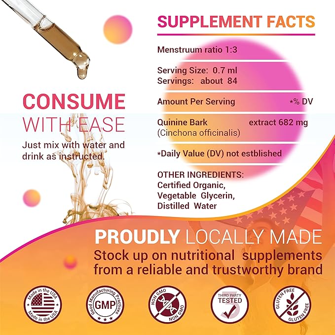 Quinine Liquid Extract 2oz - Cinchona Officinalis Bark Herbal Supplement for Leg Cramping Relief, Cramp Defense and Overall Digestive Health - All-Natural Quinine, Boosting Immune System