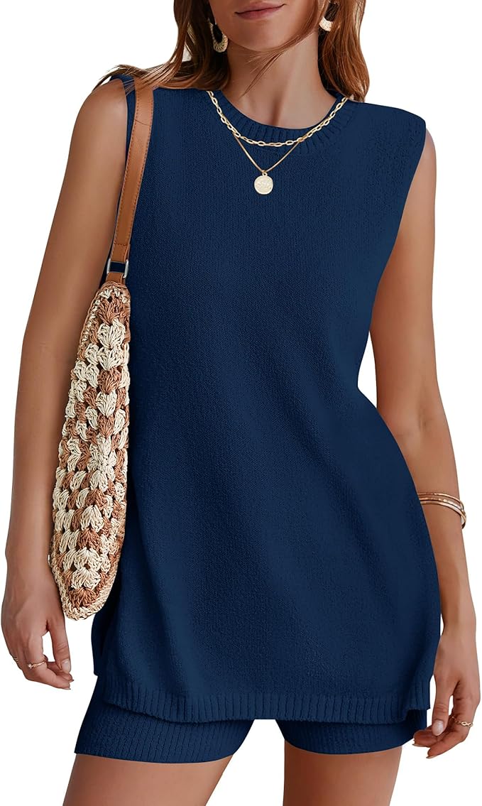 NENONA Women's Summer Sleeveless Sweater Lounge Sets Casual Loose Fit Tunic Tops and Shorts 2 Piece Vacation Outfits