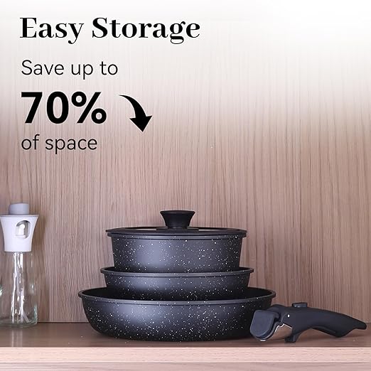 5PCS Pots and Pans Set Non Stick, Kitchen Cookware Sets with Detachable Handle, Ceramic Cookware Sets, Non Stick RV Cookware Cooking Set, Dishwasher & Oven Safe, PFOA Free, Black