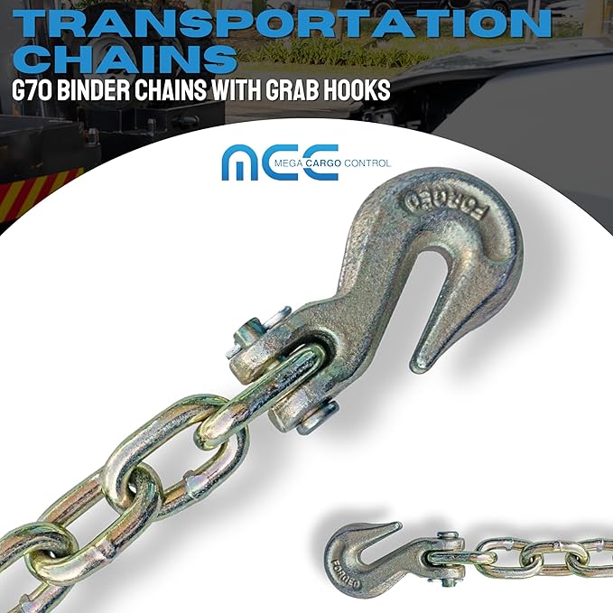 5/16" x 20' G70 Transport Chains with Clevis Grab Hooks - 4,700 LB Working Load Limit for Tow and Hauling on Flatbed, Trailers, Truck (1 - Pack)