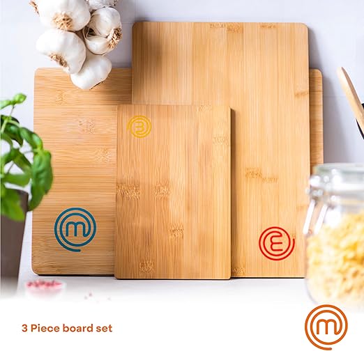 MasterChef Cutting Boards for Kitchen, Bamboo Chopping Board Set of 3, Organic Food Safe Surfaces for Preparing & Serving Meat, Cheese etc, Large, Medium & Small Wooden Boards with Color Coded Logos