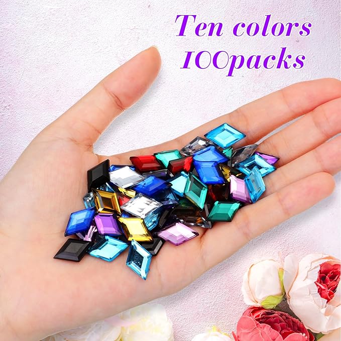 100 Pcs Flat Back Diamond Acrylic Crystal Rhinestones Plastic Gems for Bedazzling Acrylic Jewels for Jewelry Making Costume Cosplay Embellishments, 0.43 x 0.71 Inch