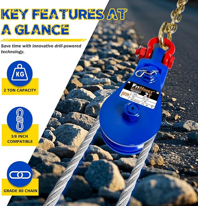 2 Ton Snatch Block with G80 Chain | 3'' Sheave for 3/8" Inch Wire Rope | Pulley Block with Shackle for Heavy Duty Towing and Recovery Equipment | Tow Truck Rollback Wrecker Car Hauler Winch