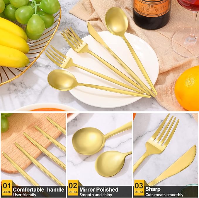 84 Pcs Gold Silverware Set, 18 Set Flatware Cutlery for 5 Golden Stainless Steel Utensils Includes Forks Knives and Spoons for Kitchen Restaurant Home(Gold Handle)