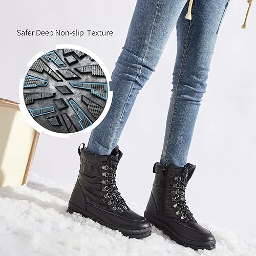 Moudki Womens Warm Fur Lined Snow Boots for Cold Weather, Non-slip Black Combat Boots with Zipper for Hiking, Lace up White Winter Booties for Women, Water Resistant Mid Calf Shoes