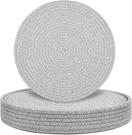 Round Placemats Set of 6 with Holder, Cotton Rope Woven Place Mats, Hot Pads for Kitchen, Heat Resistant Table Mats, 13 Inch Farmhouse Washable Braided Placemat for Kitchen Decor (Gray)