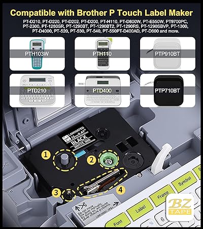 TZe-335 Label Tape Replacement for Brother P Touch Label Tape TZe TZ Tape 12mm 0.47 Laminated Black Label Maker Tape TZe335 for Brother PT-D210 PT-D220 PT-H110 Labeler, White on Black 4-Pack