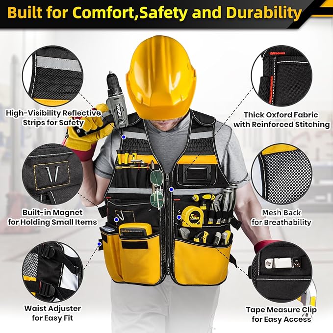 Tool Vest Electrician, Tool Vest for Men, Construction Tool Vest, 22 Pockets, Reflective Work Tool Vest for Men, Tool Vest for Carpenters, Adjustable Tool Vest, Tool Vest for Handyman