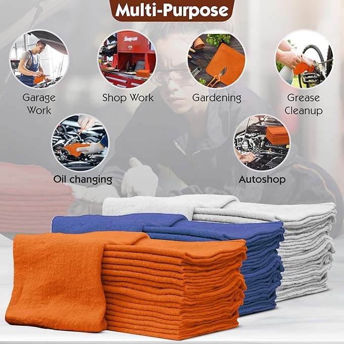 Nabob Wipers Auto Mechanic Shop Towels 100 Pack Bulk Rags 100 Cotton Commercial Grade Shop Rags Size 14"x14" (100 Pack, Orange)