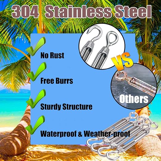 Turnbuckles Hook, Reedny 304 Stainless Steel Turnbuckle Heavy Duty M4 M6 M8 Hook and Eye Turnbuckle for Cables Wire Rope Tension 532" 14" 516" for Sun Shade Fence Tent Rope Installation(M4, 4Pcs)