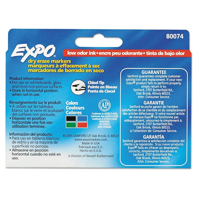EXPO Low Odor Dry Erase Markers, Chisel Tip, Basic Assorted, 4 pk