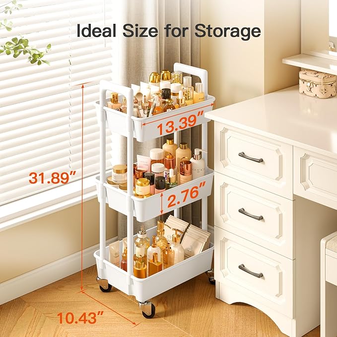 Pipishell 3 Tier Rolling Cart Organizer, Plastic Rolling Cart with Lockable Wheels Reinforced Handle, Lightweight Utility Cart Storage Cart for Nursery, Kitchen, Bathroom, Craft Room, White, PIUC14W