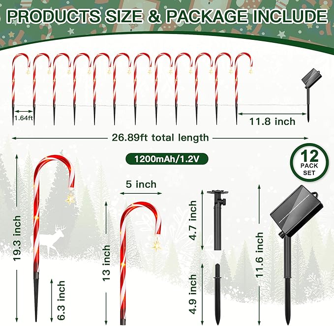 12 Pack Christmas Candy Cane Lights, Solar Christmas Candy Cane Decorations Waterproof Pathway Markers Lights with Star for Outdoor Christmas Decorations Gifts Yard Driveway Lawn Garden Xmas Tree