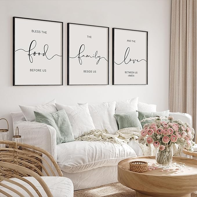 Heiple Set of 3 Framed Farmhouse Bless The Food Before Us Sign Kitchen Wall Decor for Dining Room Decor Wall Art Wood Signs