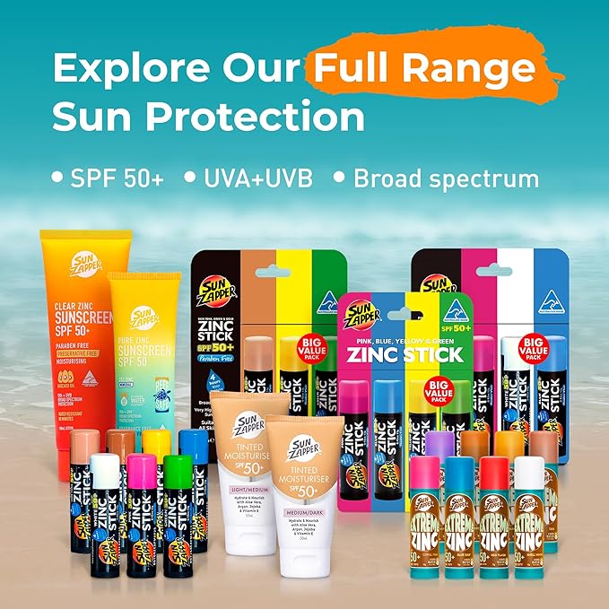 Sun Zapper Zinc Oxide Mineral Sunscreen Stick SPF 50 Water Resistant Light Skin Tone (BronzeTan) 12g (0.42 Oz) For Face Body Adults Kids Made in Australia