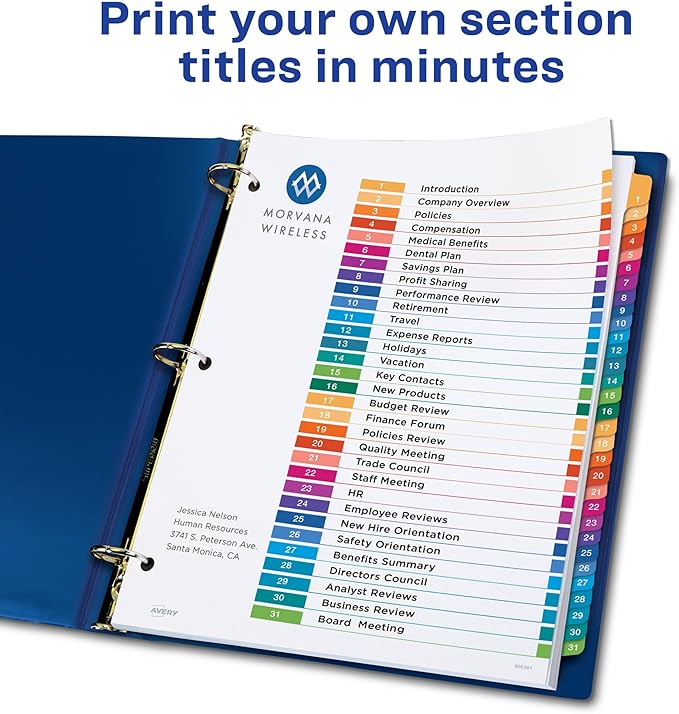 Avery 1-31 Tab Dividers for 3 Ring Binders, Customizable Table of Contents, Multicolor Tabs, 1 Set (11129)