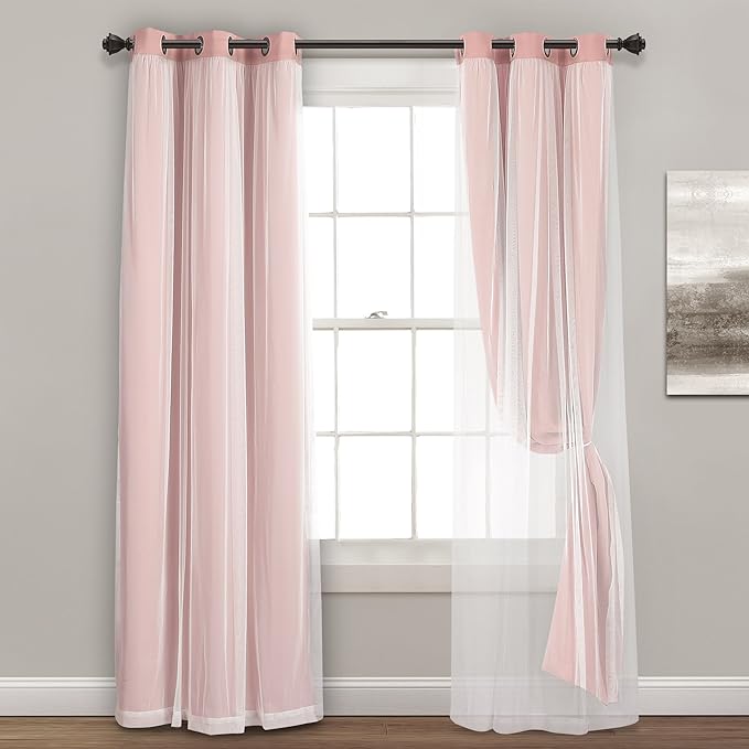 Lush Decor Sheer Grommet Curtains With Insulated Blackout Lining, Window Curtain Panels, Pair, 38"W x 84"L, Pink - Curtain With Sheer Overlay, Elegant Blackout Curtains for Bedroom