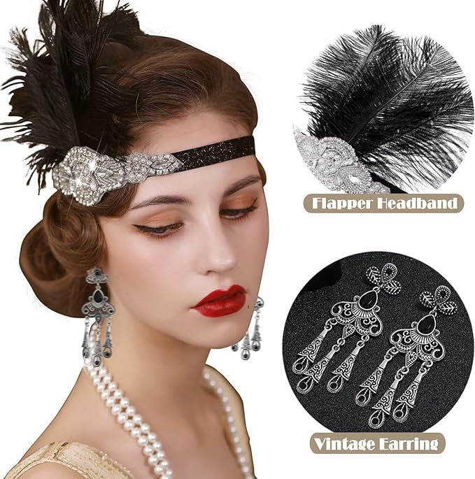EIELO 1920s Great Gatsby Accessories Set for Women Headpiece Headband Flapper Roaring 20s Costume Accessories