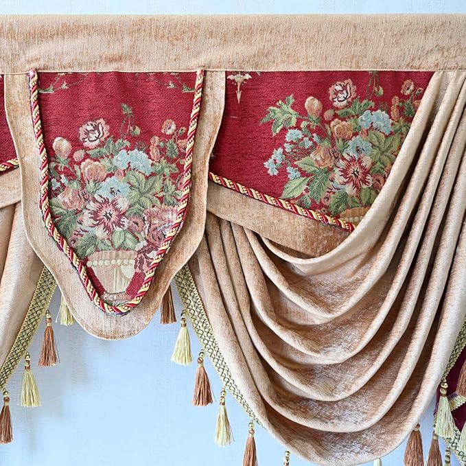 Luxury Brown Burgundy Floral Waterfall Swag Valance with Tassels for Living Room Bedroom Windows European Design Rod Pocket Top (150 cm, 1 Panel)