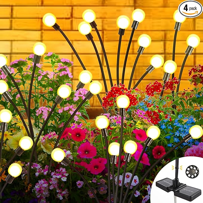 Firefly Solar Garden Lights Plus+, Swaying Fairy Garden Lights, Yard Decor Outdoor, Waterproof Solar Plant Lights for Outside Patio Pathway.(4 Pack)