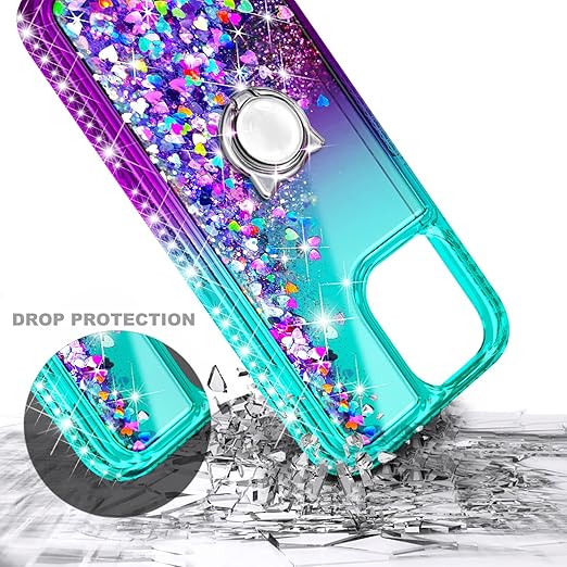 Designed for iPhone 15 Pro Max Case with Tempered Glass Screen Protector/Camera Lens Protector/Wrist Strap Lanyard/Ring Holder, Glitter Floating Liquid Girls Women Cute Case (Aqua/Purple)
