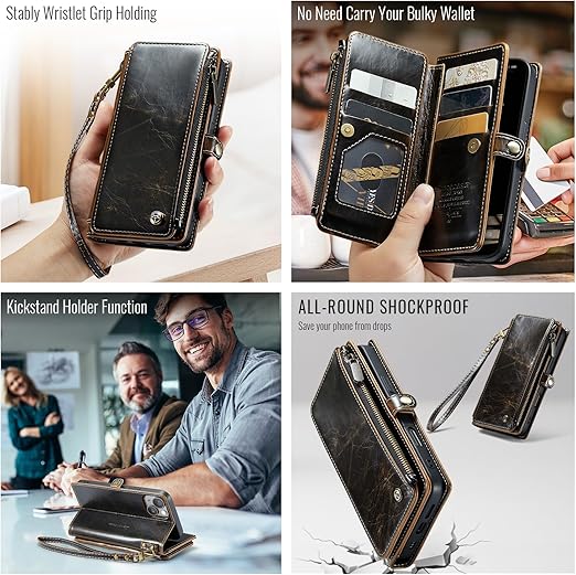 Defencase Compatible with iPhone 15 Case Wallet with RFID Blocking Card Holder for Women and Men, Fashion PU Leather Magnetic Snap Flip Zipper Strap Wallet Phone Case Fit for iPhone 15 6.1", Coffee